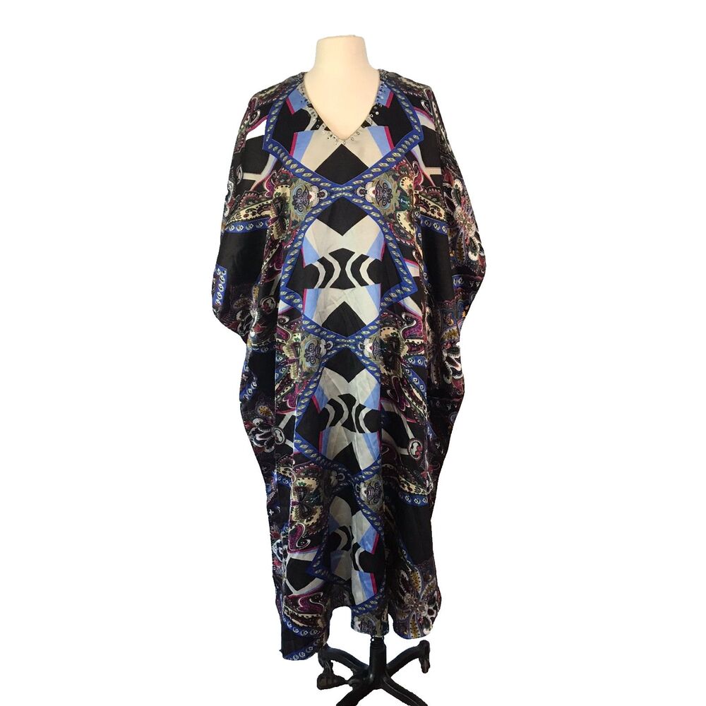 Sante Classics Vintage Blue Black Abstract Paisley Kaftan‎ MuuMuu Mrs Roper